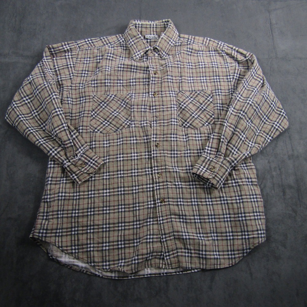 Basic Editions Button Down Mens XL Tan Plaid Long Sleeve Pocket Shirt